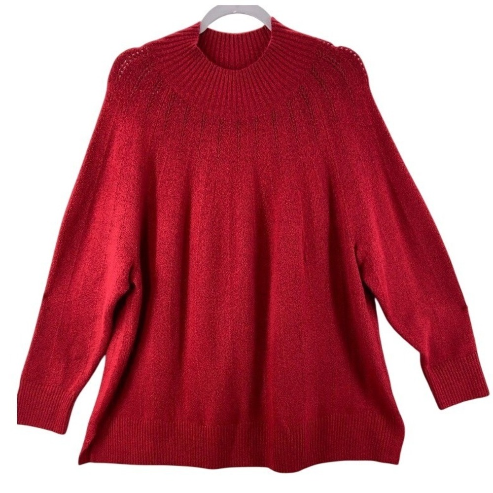 Talbots Plus Sweater Women 3X Red Mock Neck Pointelle Long Sleeve Relaxed Fit